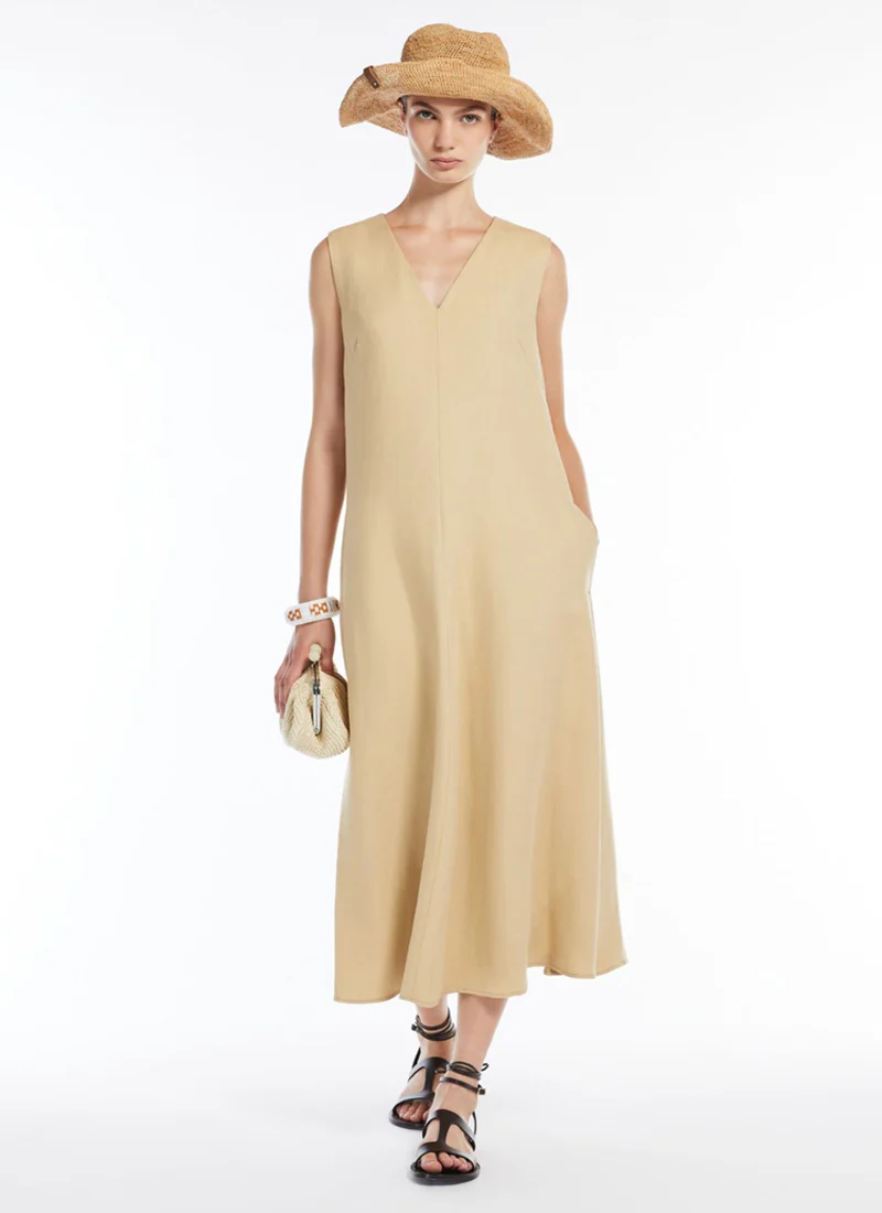 Egoista V Neck Viscose Linen Long Dress