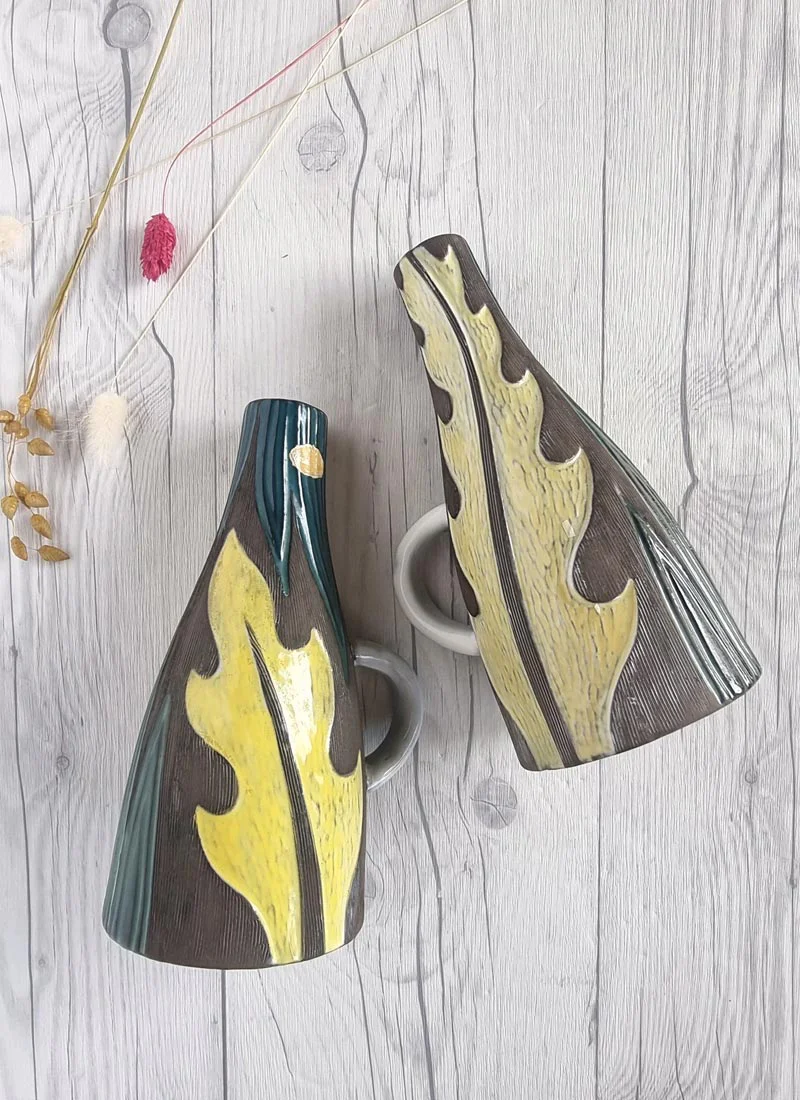 Mari Simmulson for Upsala Ekeby Pair of 1960 Agave Series  Incised Leaf Polychrome Glaze Jug Vases - Image 2