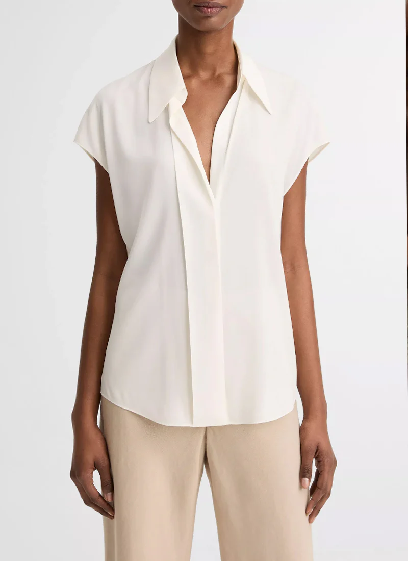 Stretch-Silk Hidden-Placket Cap-Sleeve Blouse