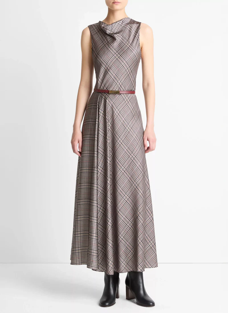 Pressed Plaid Cowl Neck Dress