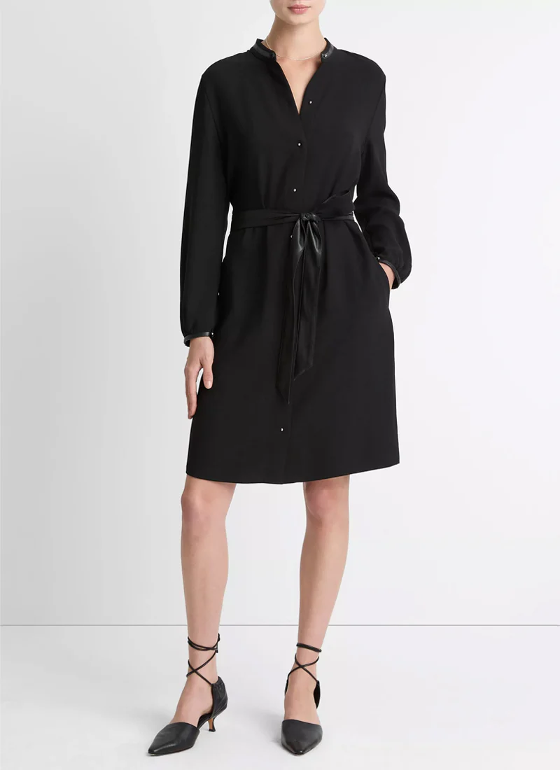 Faux-Leather-Trim Crepe Shirt Dress