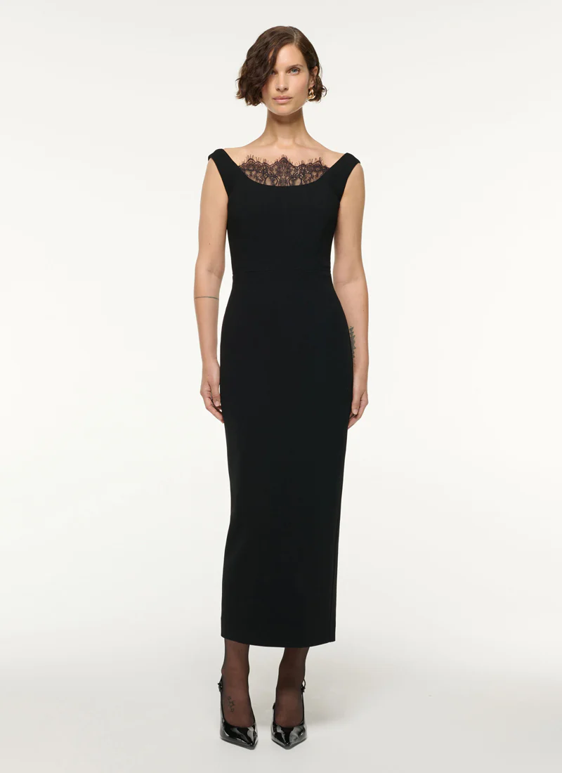 Lace Insert Wool Crepe Midi Dress