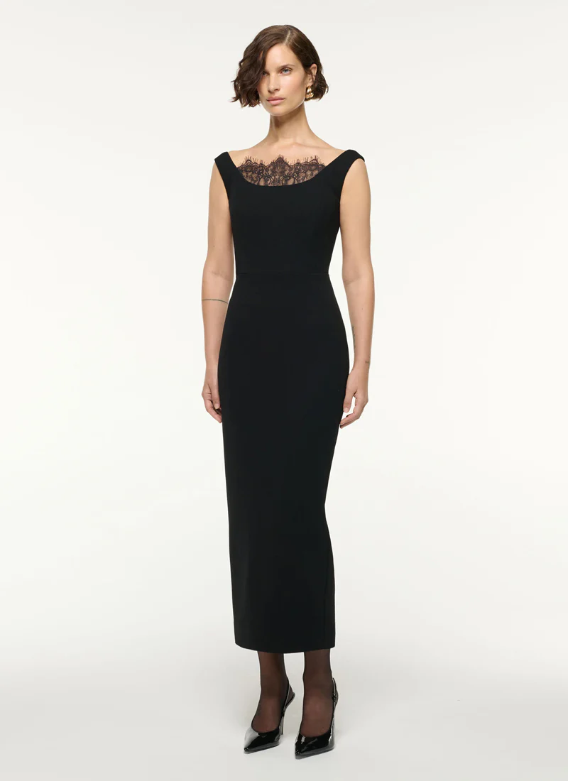 Lace Insert Wool Crepe Midi Dress - Image 3