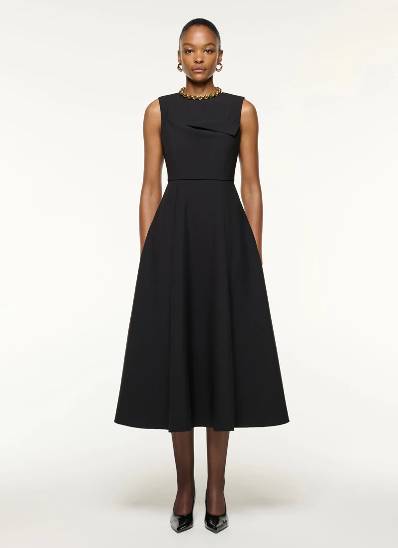 Panel Drape Crepe Flared Midi Dress