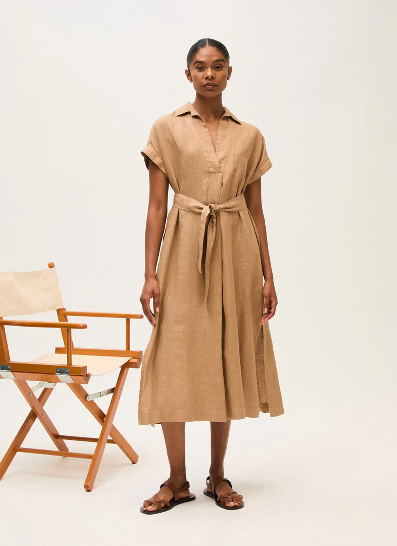 Linen Belted Midi Dress