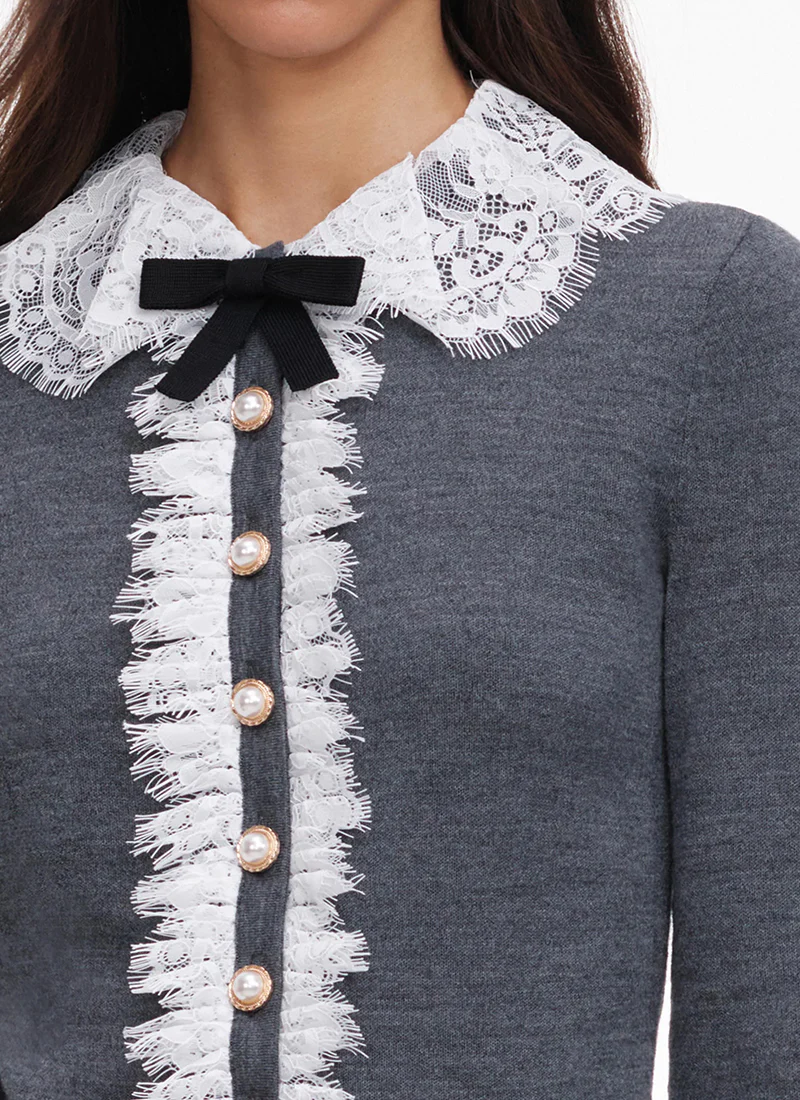 Grey Lace Collar Knit Cardigan - Image 5