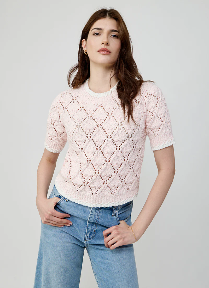 Fancy Popcorn Stitch Short Sleeve Crew Neck Sweater