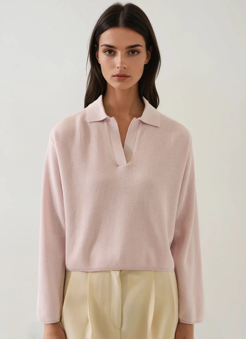 Long Sleeve Cotton Cashmere Relaxed Rib Polo