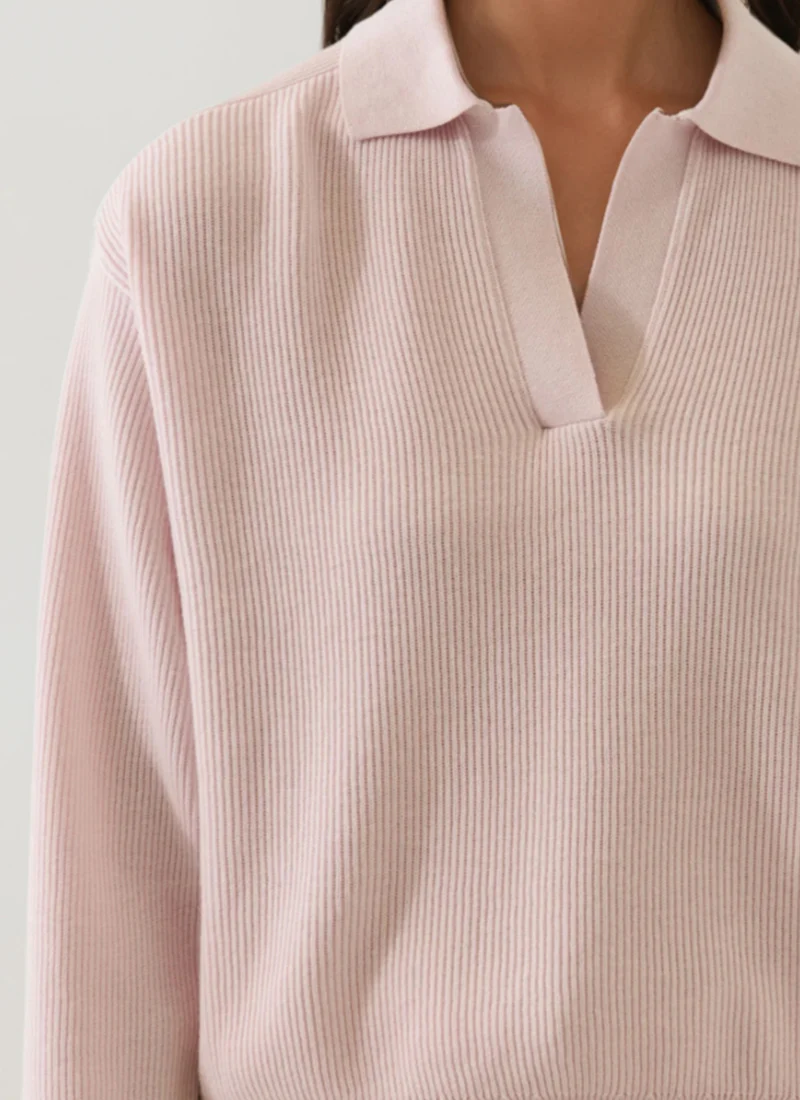 Long Sleeve Cotton Cashmere Relaxed Rib Polo - Image 2