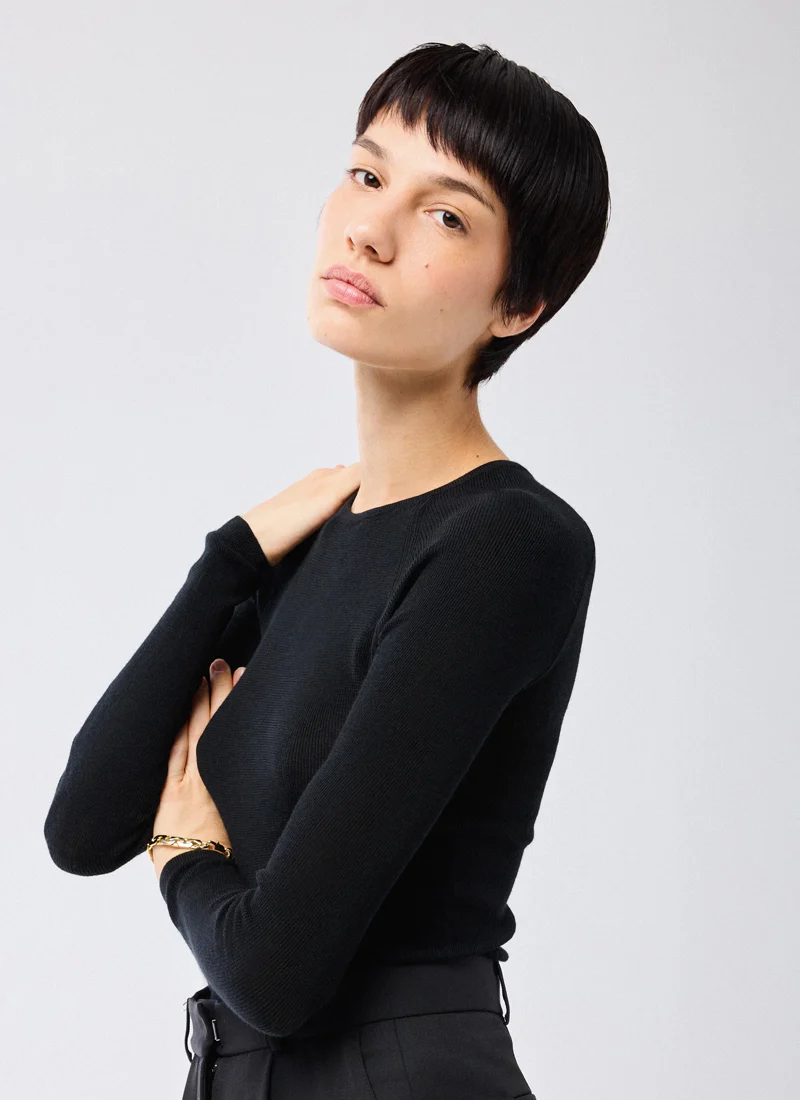 Merino Silk Micro Rib Long Sleeve Crewneck Sweater - Image 4