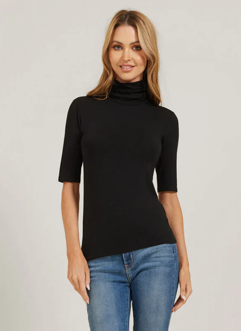 Merino Silk Micro Rib Elbow Sleeve Turtleneck Sweater