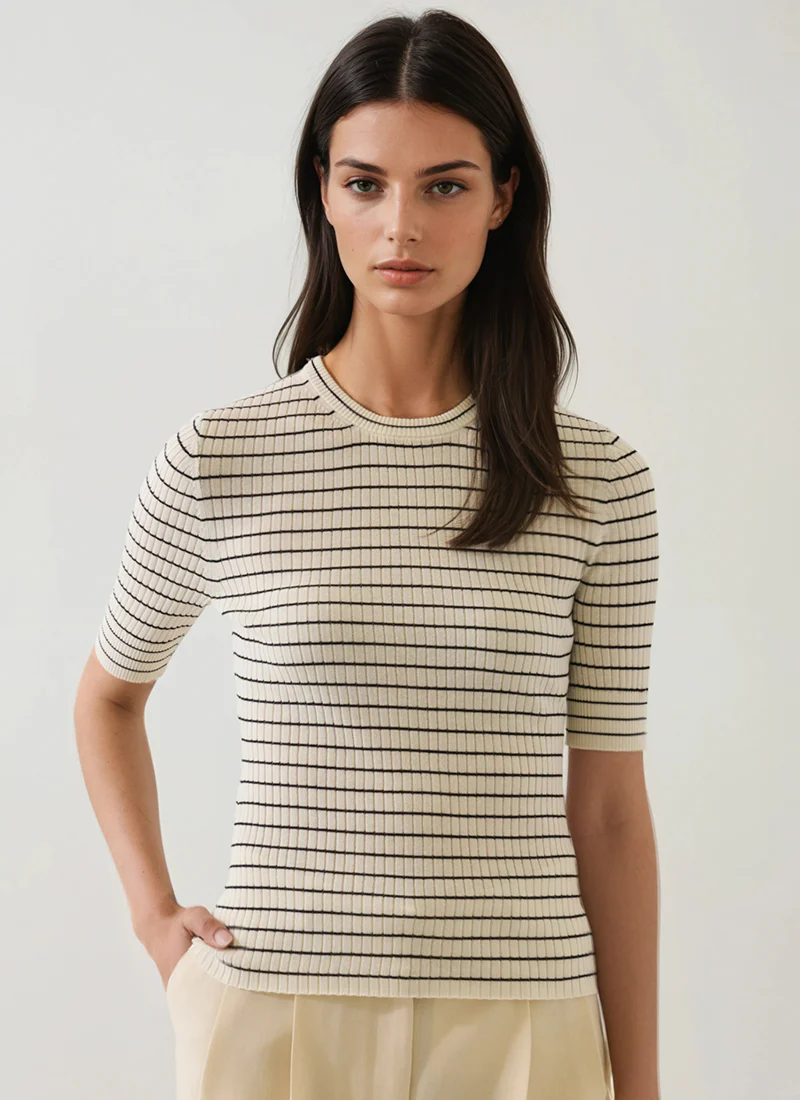 Cotton Cupro Stripe Ribbed Top