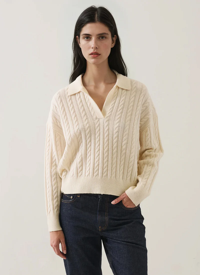 Superfine Wool Cable Relaxed Polo Sweater