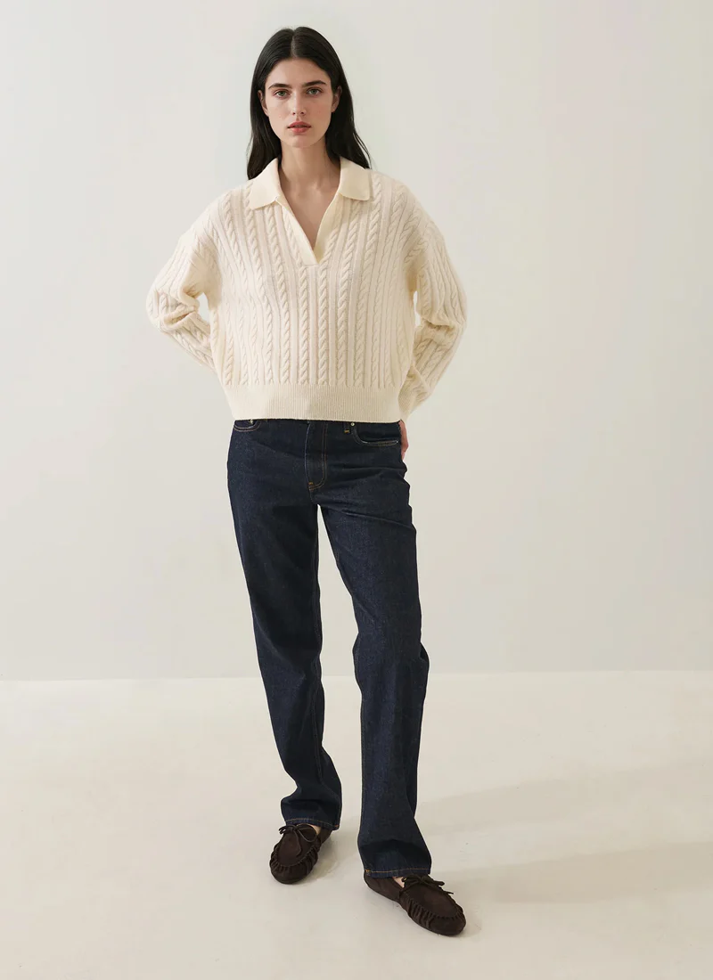 Superfine Wool Cable Relaxed Polo Sweater - Image 3