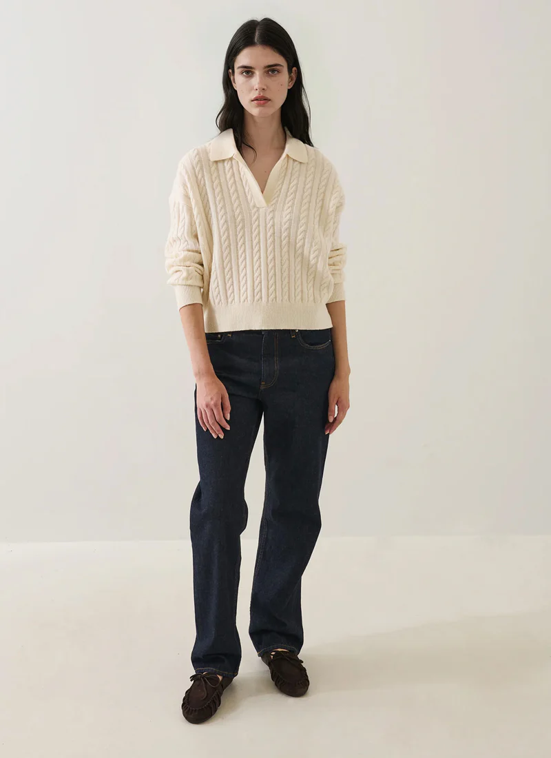 Superfine Wool Cable Relaxed Polo Sweater - Image 4