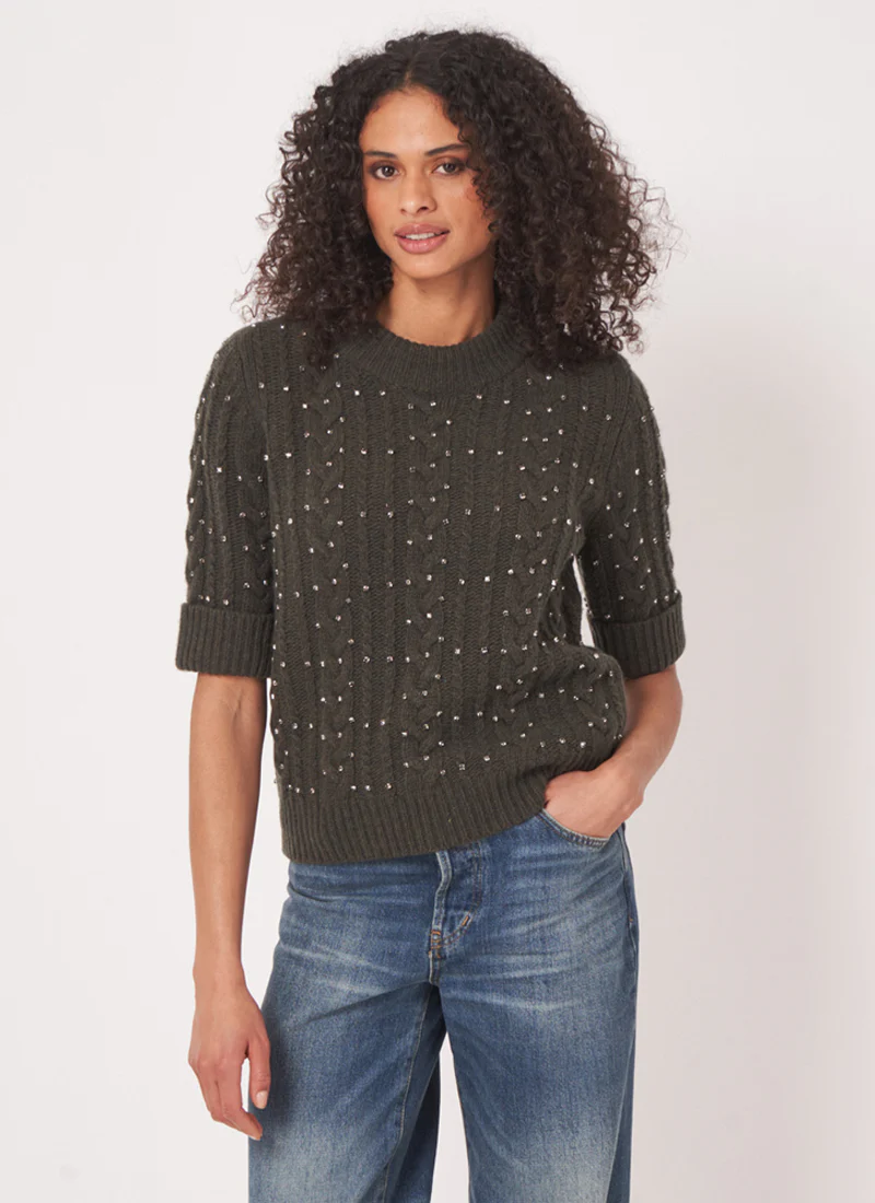 Extra fine Short Sleeve Crystal Embroidered Sweater