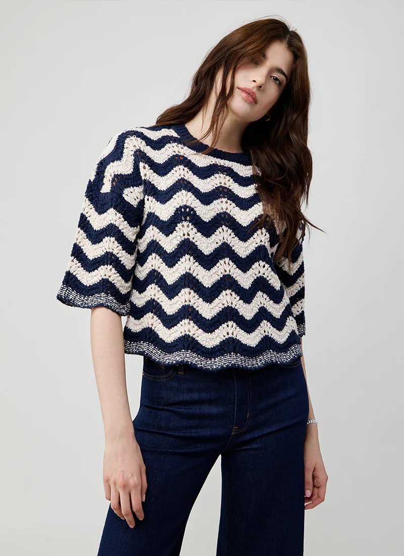 Zig Zag Stitch Short Sleeve Crew Top