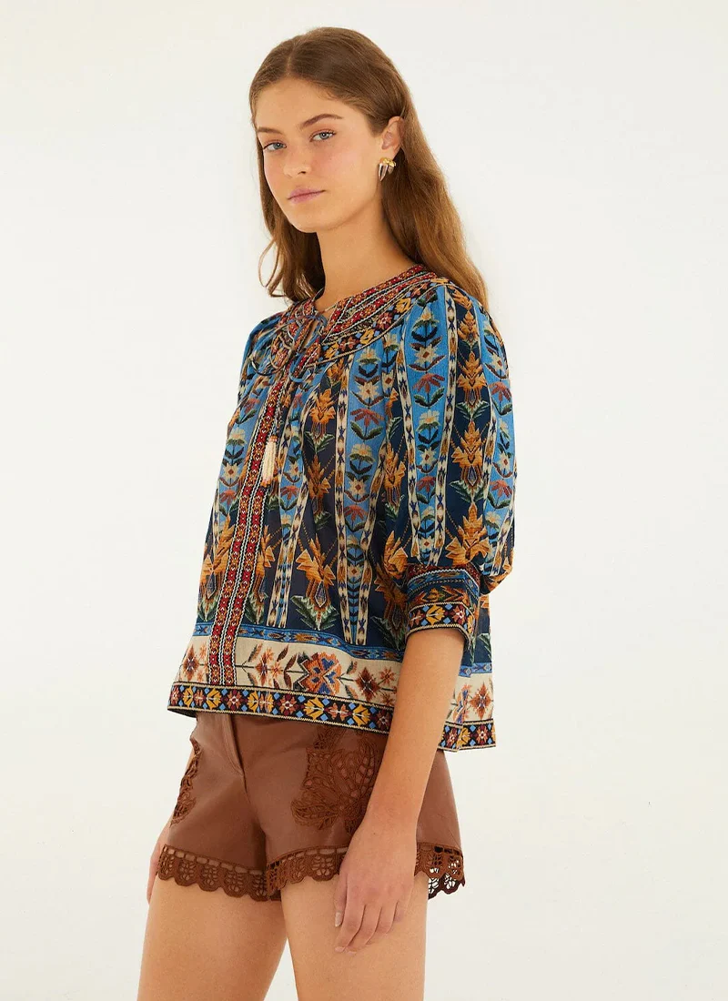 Embroidered Tapestry Tassels Puff Sleeve Blouse - Image 5