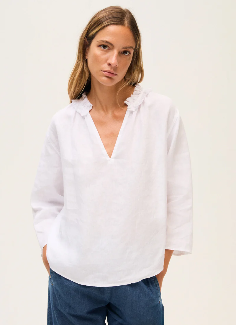 Ruffle Collar Linen Blouse