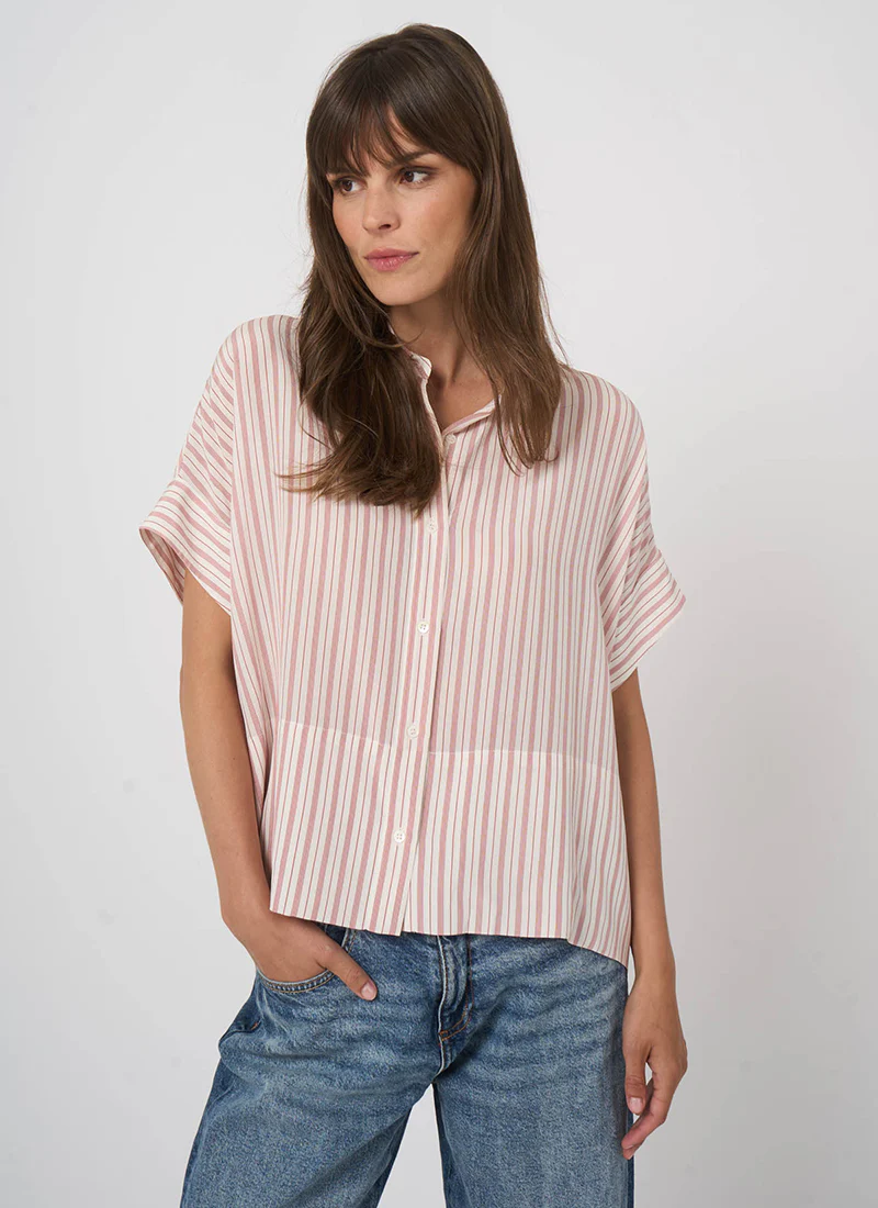 Silk Stripe Short Sleeve Blouse