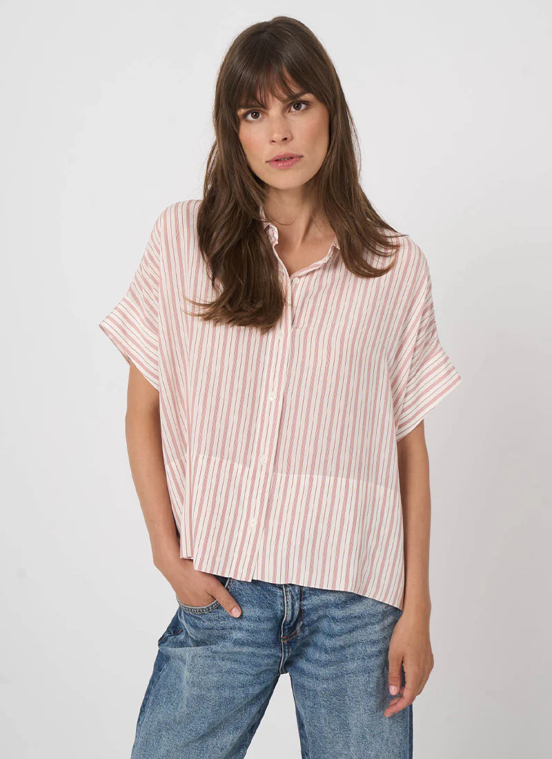 Silk Stripe Short Sleeve Blouse - Image 3