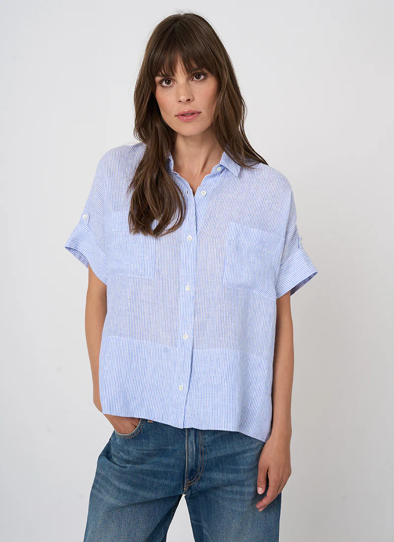Linen Stripe Short Sleeve Blouse