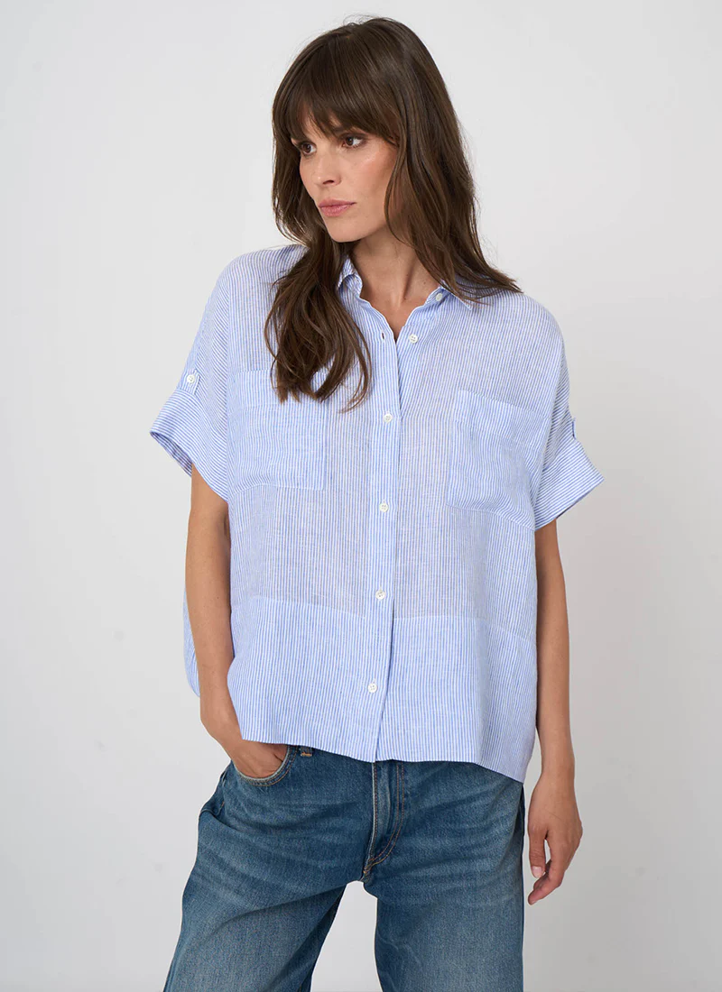 Linen Stripe Short Sleeve Blouse - Image 4
