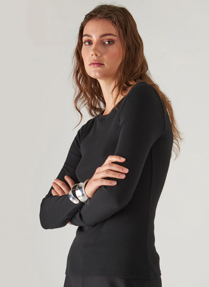 Long Sleeve Cotton Modal Rib Crew Neck T-Shirt - Image 3