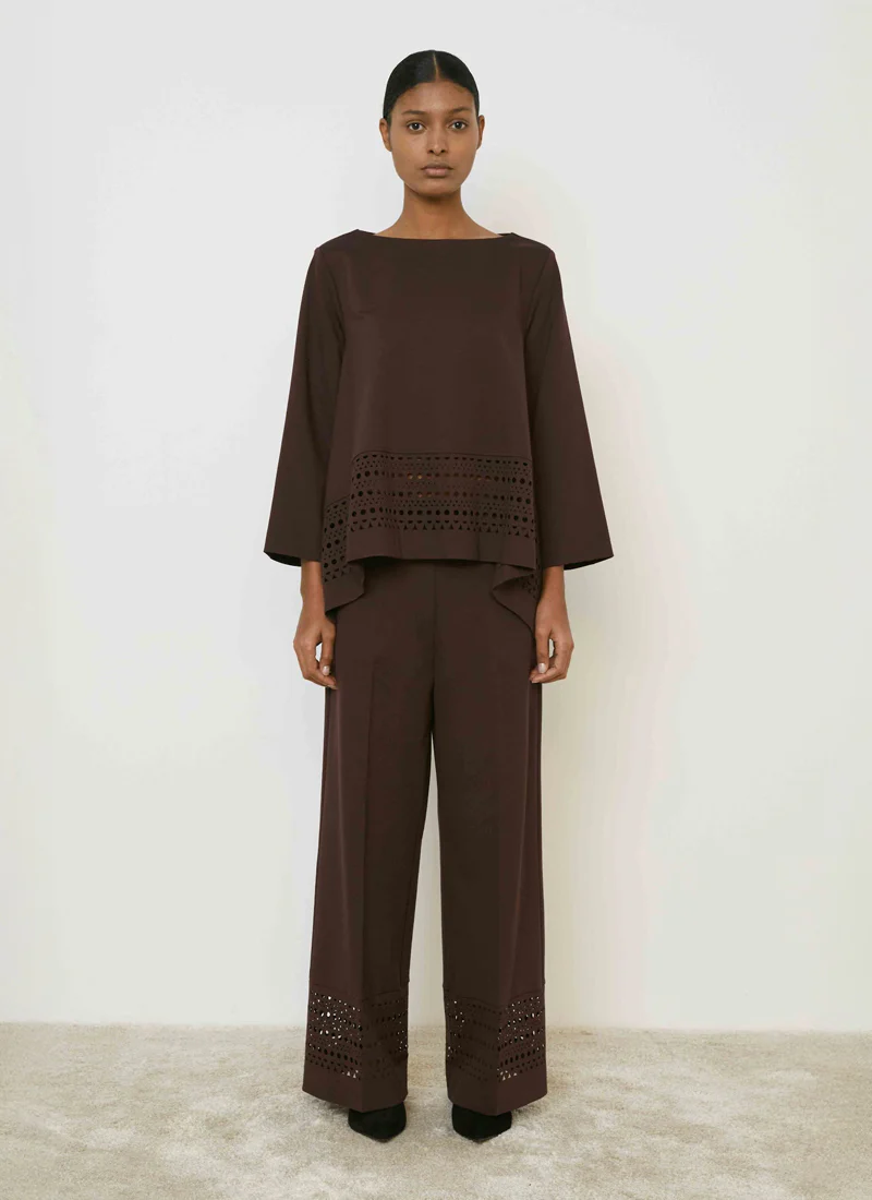 Open Neck Flowy Laser Cut Trim Top - Image 4