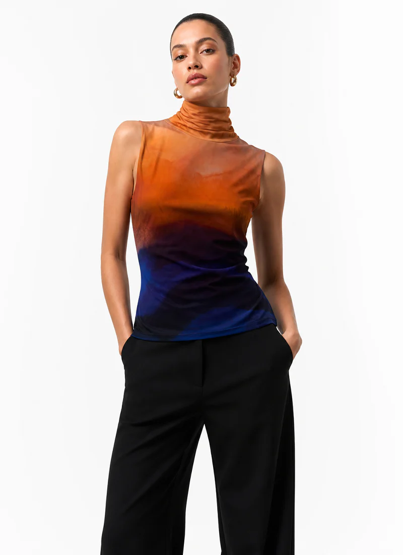 Printed Jersey Sleeveless Turtleneck Top